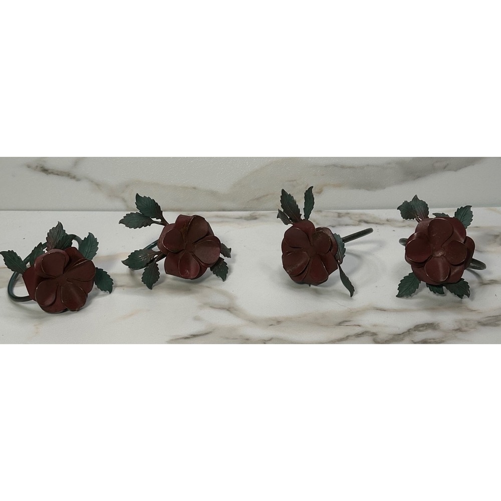 Vintage Metal Flower Napkin Rings Set of 4 Burgundy Floral Cottagecore Decor